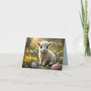 Cute little Easter lamb, crocus, Easter eggs,  Holiday Card