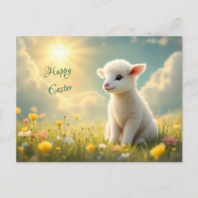 Cute little Easter lamb in a flower meadow Holiday Postcard (Front)