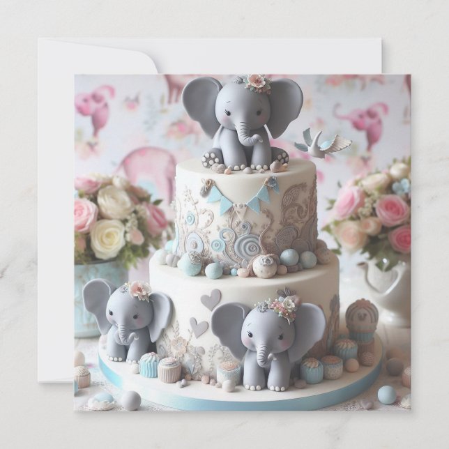 CUTE LITTLE ELEPHANTS THEMED KIDS BIRTHDAY CAKE CARD (Front)