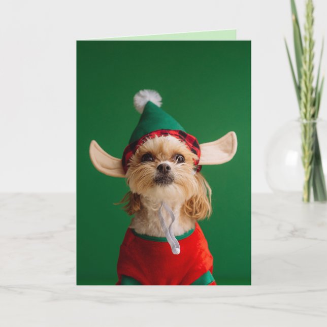 CUTE LITTLE ELF DOG FUNNY CHRISTMAS CARD (Front)