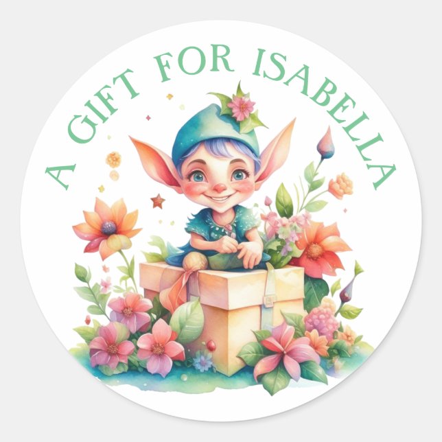 Cute Little Elf Personalized Christmas Classic Round Sticker (Front)