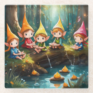 Cute little elves in the river glass coaster