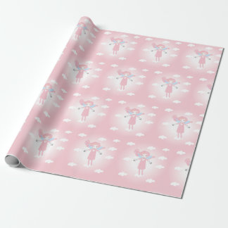 Cute little fairy in pink sky wrapping paper