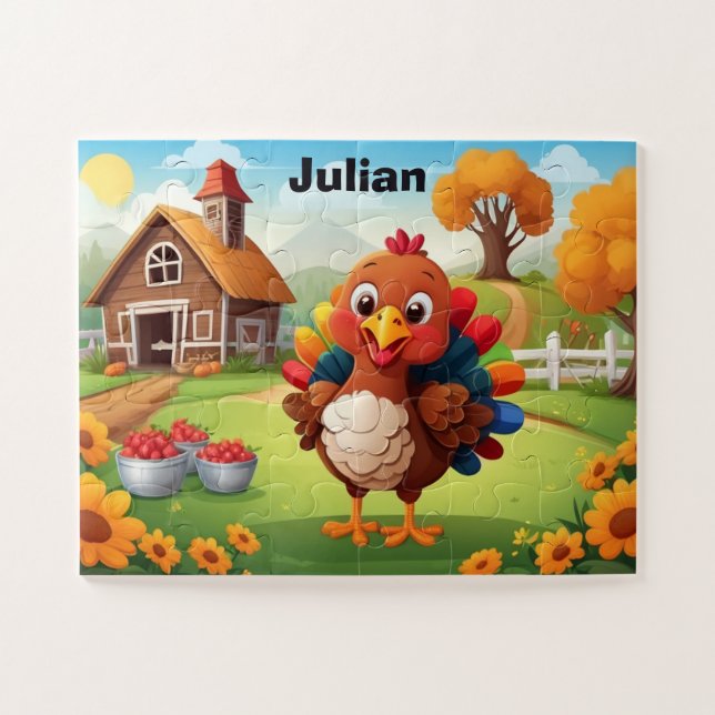 Cute Little Farm Turkey Personalized Kid's Jigsaw Puzzle (Horizontal)