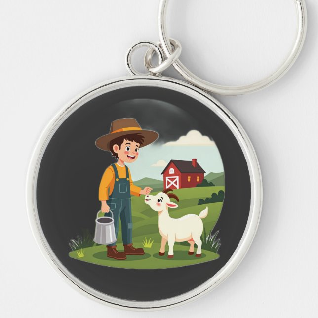 Cute Little Farmer Boy Goat Keychain (Front)