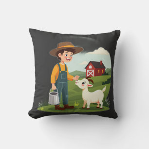 Cute Little Farmer Boy Goat Throw Pillow