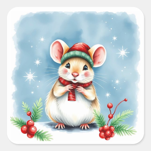 Cute Little Festive Christmas Mouse in Winter Hat Square Sticker (Front)