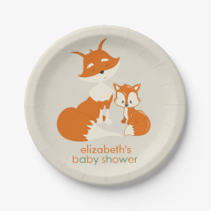 Cute Little Fox and Mom Baby Shower Paper Plate