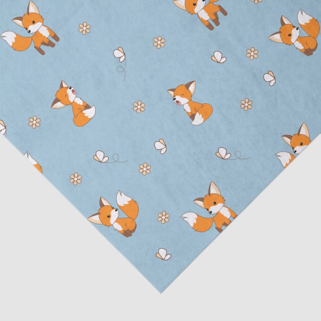 Cute Little Fox Blue Pattern Tissue Paper (Detail)