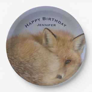 Cute Little Fox Curled Up Winter Photo Birthday Paper Plate