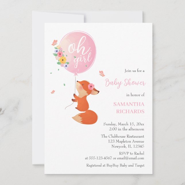 Cute little fox  flying with balloon invitation (Front)