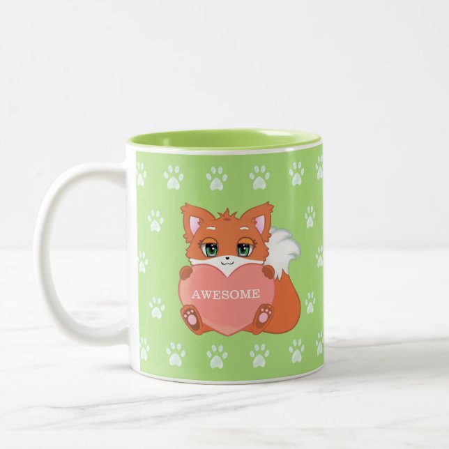Cute Little Fox Holding a Heart & Paw Pattern Two-Tone Coffee Mug (Left)