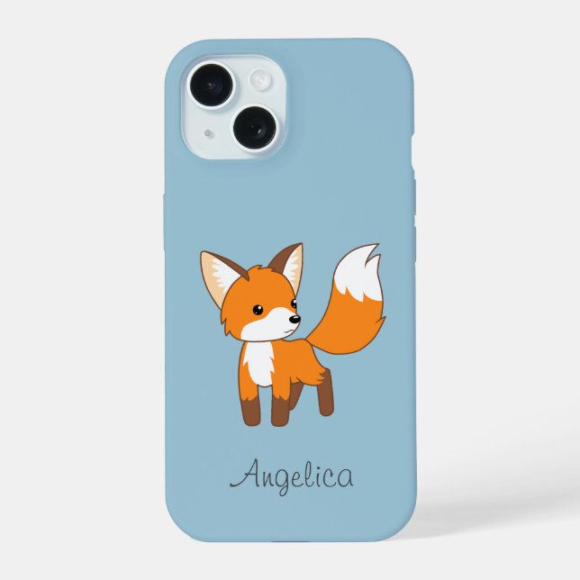 Cute Little Fox on Blue iPhone 15 Case (Back)