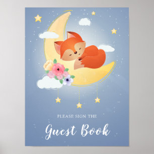 Cute little fox on the moon guest book Poster