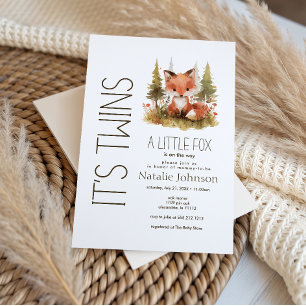 Cute Little Fox Plaid Its Twins Baby Shower Invitation
