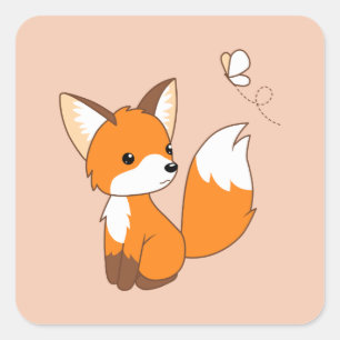 Cute Little Fox Watching Butterfly on Peach Square Sticker