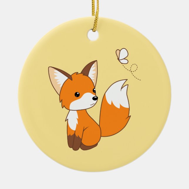 Cute Little Fox Watching Butterfly on Yellow Ceramic Ornament (Front)