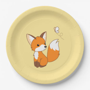 Cute Little Fox Watching Butterfly on Yellow Paper Plate