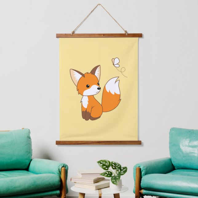 Cute Little Fox Watching Butterfly Yellow Hanging Tapestry (Living Room)