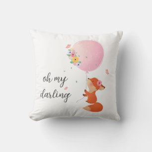 cute little fox with pink floral balloon throw pillow