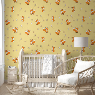 Cute Little Fox Yellow Pattern Wallpaper