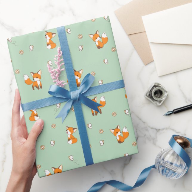 Cute Little Foxes on Green Wrapping Paper (Gifting)
