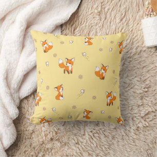 Cute Little Foxes on Yellow Throw Pillow