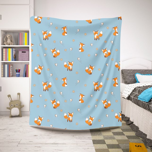 Cute Little Foxes Pattern on Blue Sherpa Blanket (Creator Uploaded)