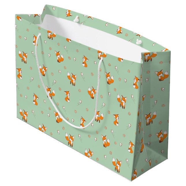 Cute Little Foxes Pattern on Green Large Gift Bag (Back Angled)