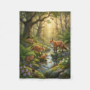 Cute Little Foxes Playing In Magical Forest Stream Fleece Blanket
