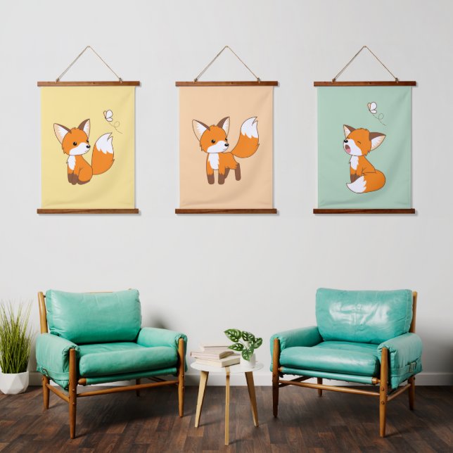 Cute Little Foxes Set of 3 Hanging Tapestry (Living Room)