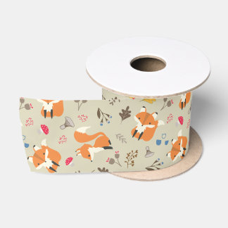 Cute Little Foxes With Autumn Forest Plants Satin Ribbon