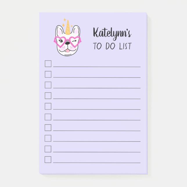 Cute Little Frenchie Unicorn | Purple Personalized Post-it Notes (Front)