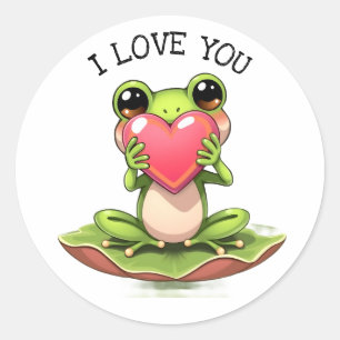 Cute Little Frog Holding a Heart   I Love You Classic Round Sticker