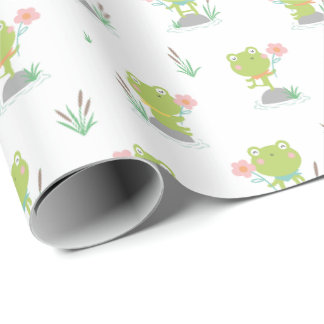 Cute Little Frogs with flowers on white Wrapping Paper
