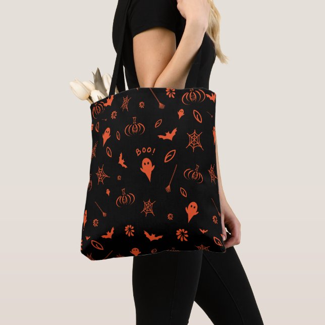 Cute Little Ghost Black and Orange Halloween Tote Bag (Close Up)