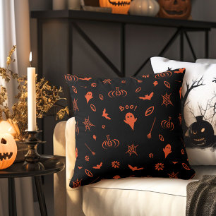 Cute Little Ghost Black n Orange Halloween Throw Pillow