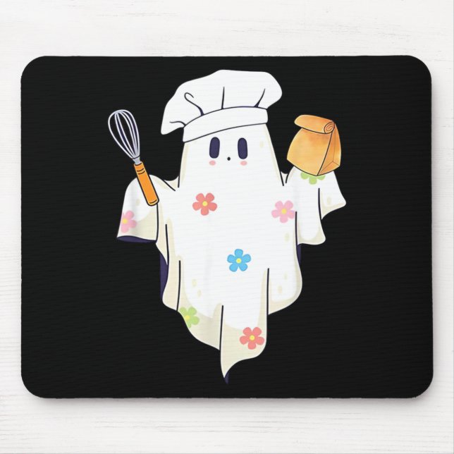 Cute Little Ghost Chef Funny Lunch Lady Cafeteria Mouse Pad (Front)