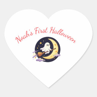 Cute Little Ghost Flying on Broom with Crescent Heart Sticker