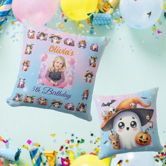 Cute Little Ghost Halloween Girl Birthday Photo Throw Pillow (Creator Uploaded)