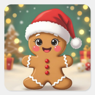 Cute little gingerbread man with Christmas hat Square Sticker