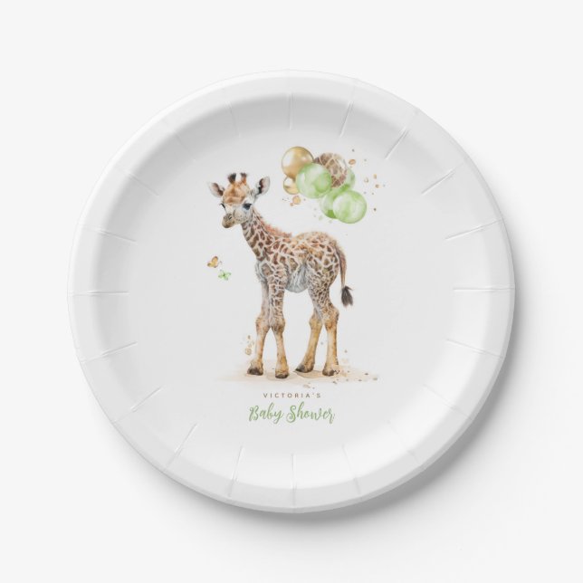 Cute Little Giraffe Modern Boho Green Brown Paper Plate (Front)