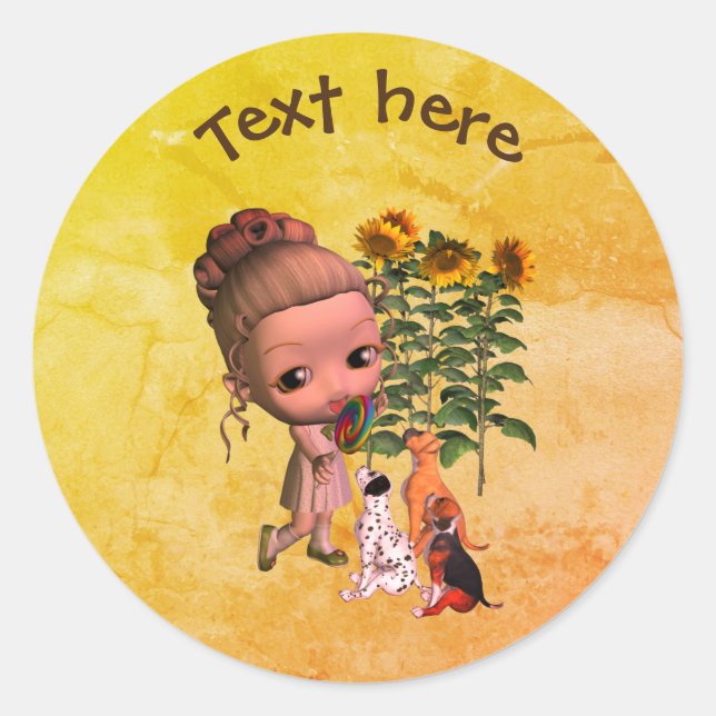 Cute Little Girl And Puppies Personalized Classic Round Sticker (Front)