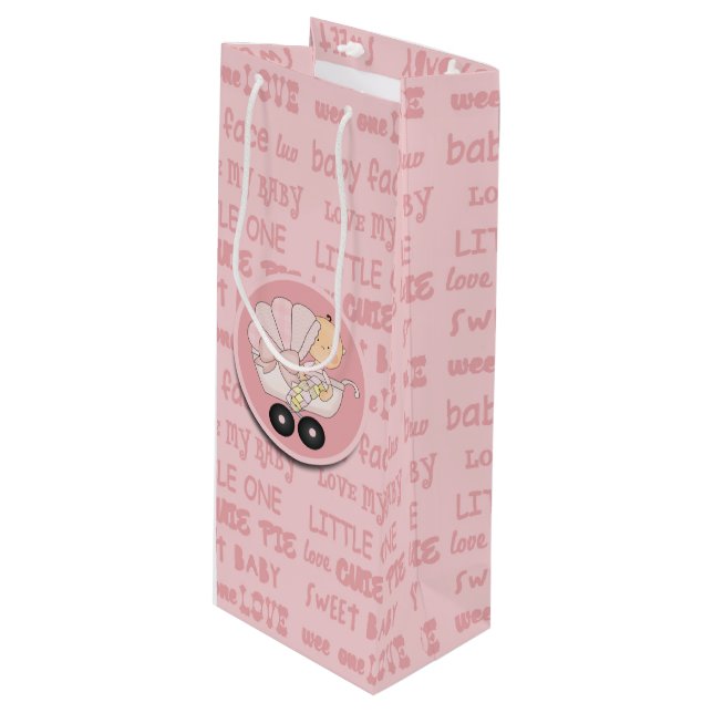 Cute Little Girl Baby In Buggy New Baby Wine Gift Bag (Front Angled)