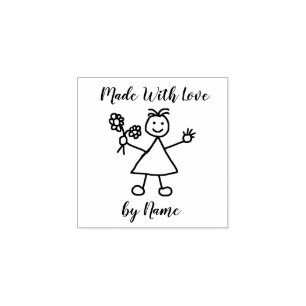 Cute Little Girl Bunch Flowers Rubber Stamp