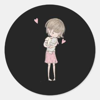 Cute Little Girl & Bunny Rabbit  Pink Hearts Classic Round Sticker