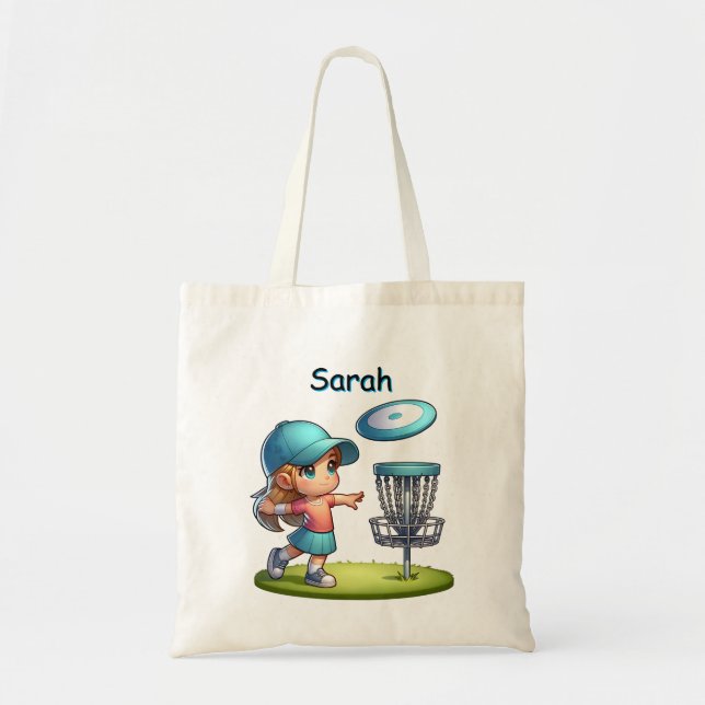 Cute Little Girl Disc Golf Cartoon Personalized Tote Bag (Front)