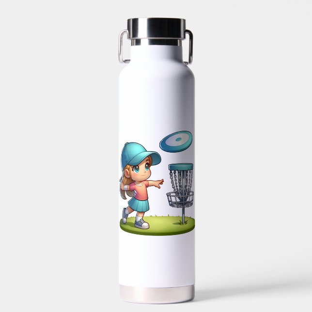 Cute Little Girl Disc Golf Cartoon Personalized Water Bottle (Front)