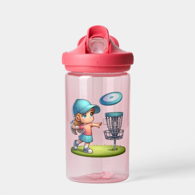 Cute Little Girl Disc Golf Cartoon Personalized Water Bottle (Front)