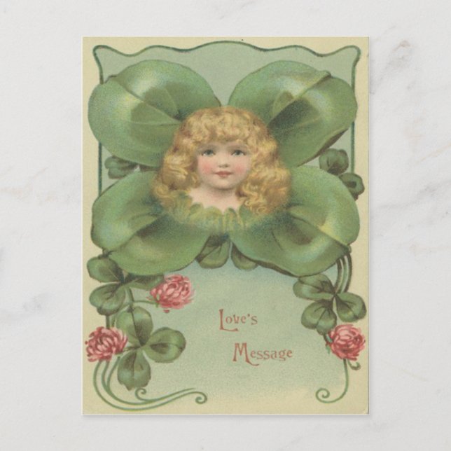 Cute Little Girl Four Leaf Clover Flowers Postcard (Front)